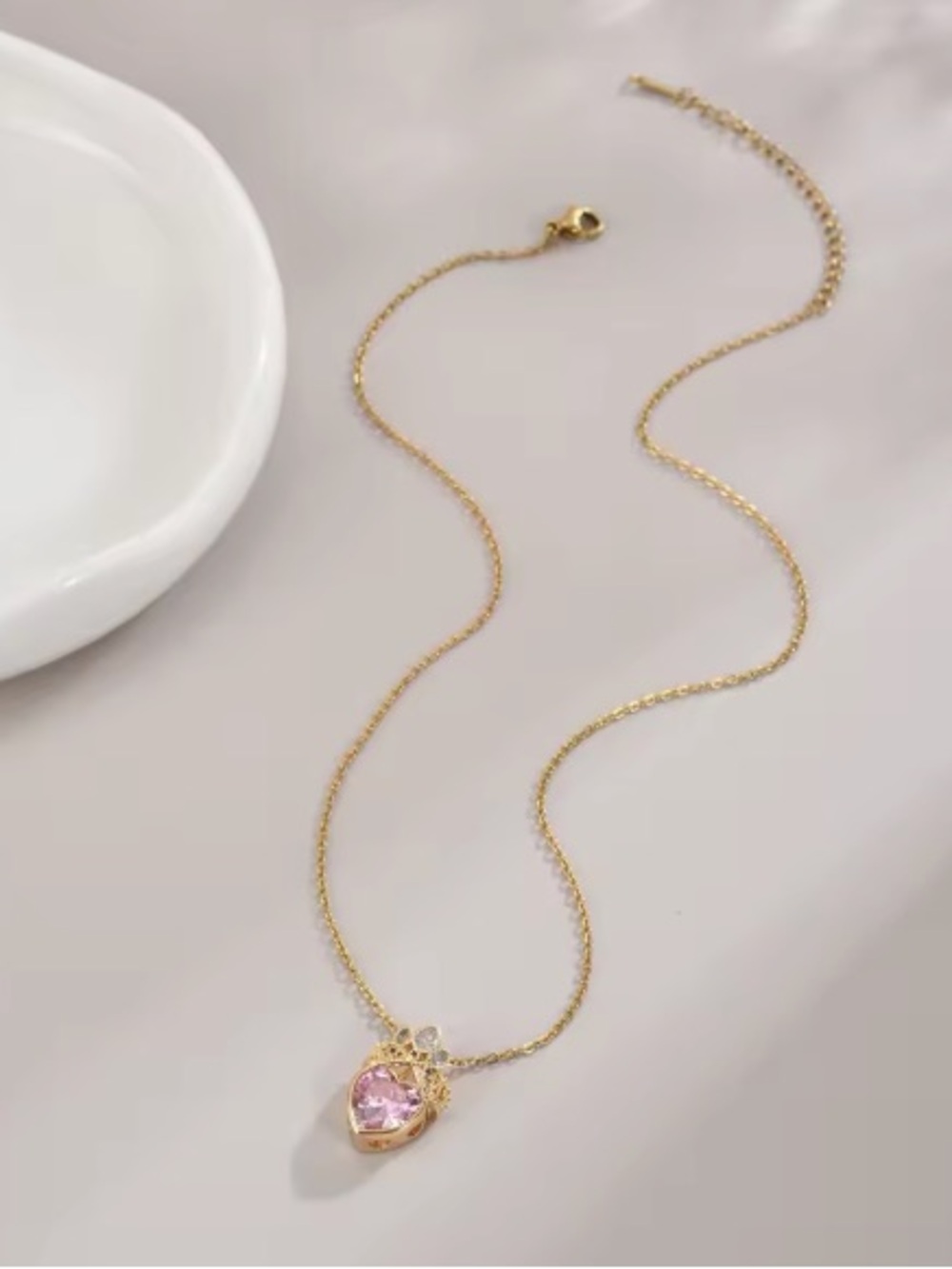 Gold Pink Heart Crown Necklace. - Picture 5 of 7
